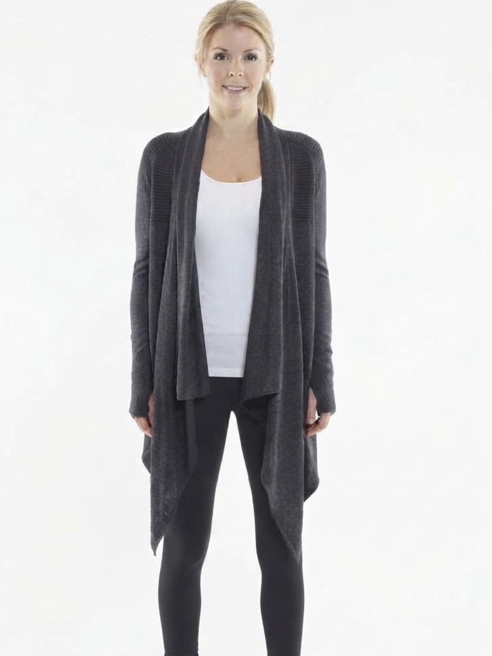 Lululemon Open-Front Drape Wrap Cardigan Grey Metal Logo Relaxed Fit Lightweight